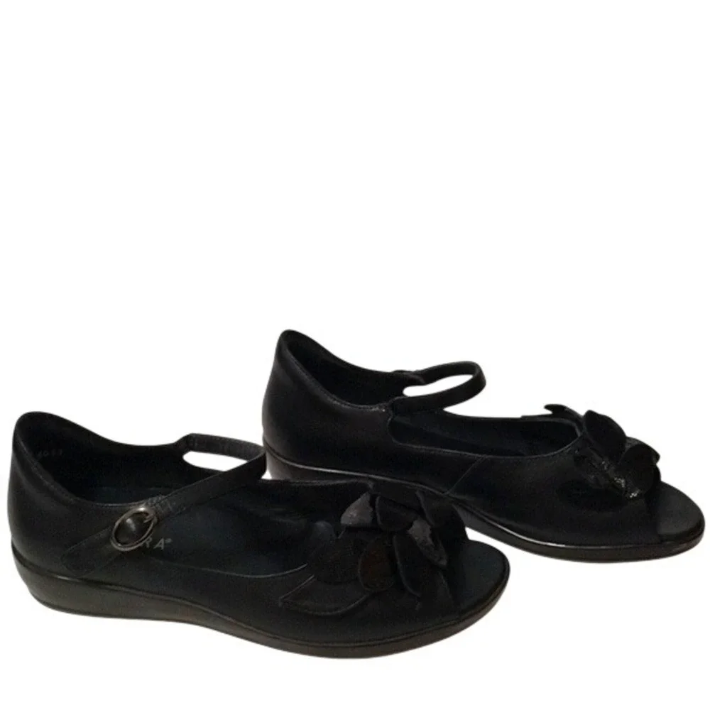 Ziera Women's Mary Janes Black Leather Floral  Shoes Flower Sz 40‎ US